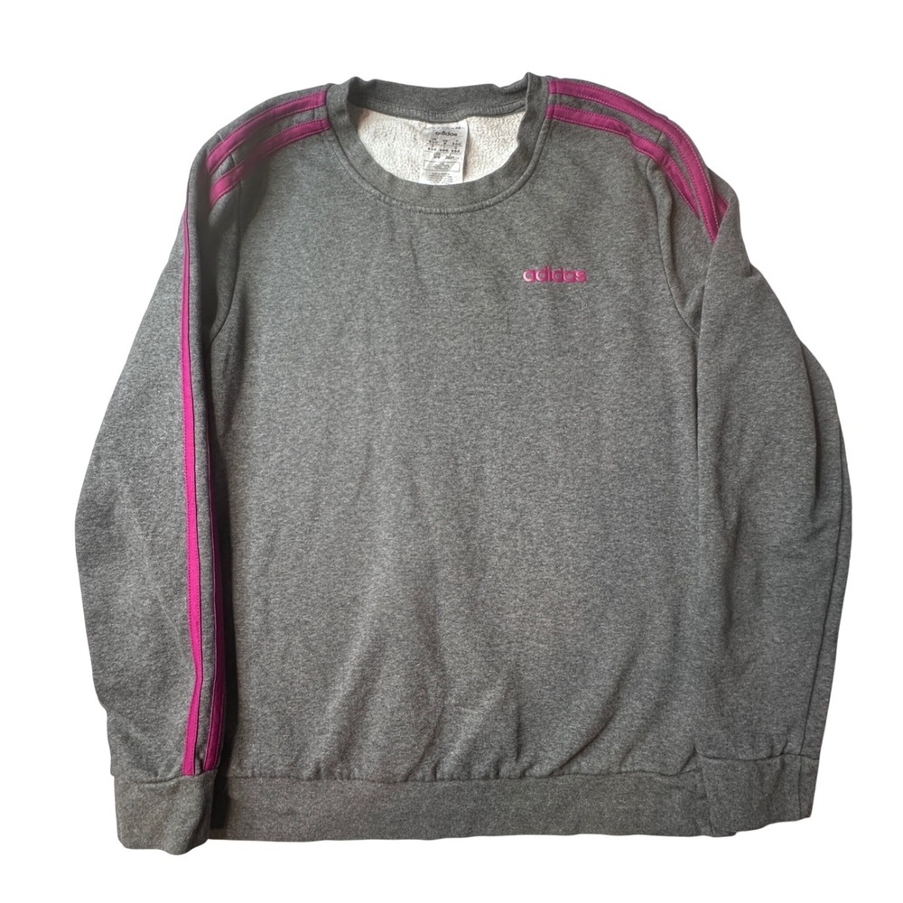 Adidas Sweatshirt Womens Medium Grey Pink Essentials 3-Stripe Crewneck GD4306